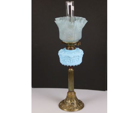 Victorian brass column oil lamp with Nailsea glass fluted shade, floral embossed turquoise china font and a brass base emboss