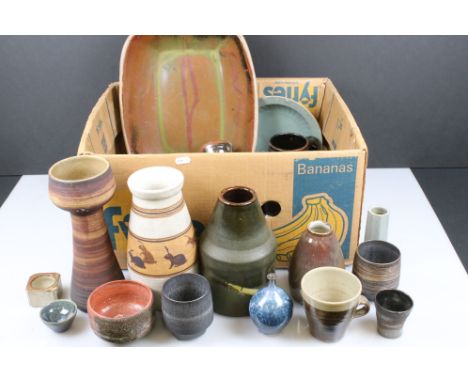 Approximately 24 items of Studio Pottery including Four Leach Brown Glazed Mugs together with Plates, Bowls, Vases, Jugs, etc