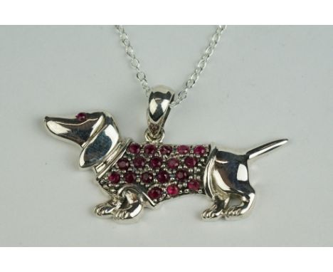 Silver pendant necklace in the form of a sausage dog / dachshund with ruby coat, on silver chain 