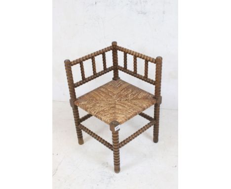 Victorian Oak Bobbin Corner Chair with rush seat, 41cm wide x 64cm high 