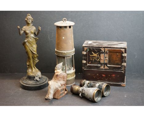 A small box of mixed collectables to include a miners lamp and a pair of early 20th century field binoculars. 