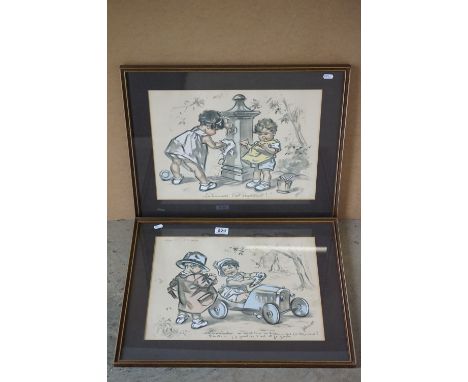 Pair of French comical studies of children playing, signed G Bouret 