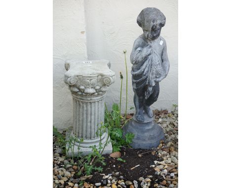 A vintage lead garden statue in classical form together with a reconstituted stone column plinth. 