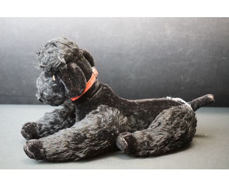 Steiff Black Poodle with articulated legs and red collar, button to ear, 36cm long