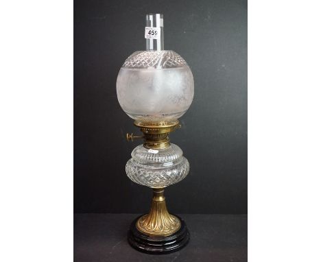 19th Century Victorian oil lamp with Hinks burner, clear cut glass font, clear floral etched and cut glass shade and a brass 