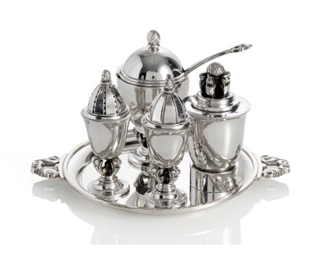 Silber Menage Set "Acorn" Nr. 741Johan Rohde für Georg Jensen, nach 1945D. 19/H. 9/10 cmSalz, Pfeffer, Pfeffermühle, Senftöpf