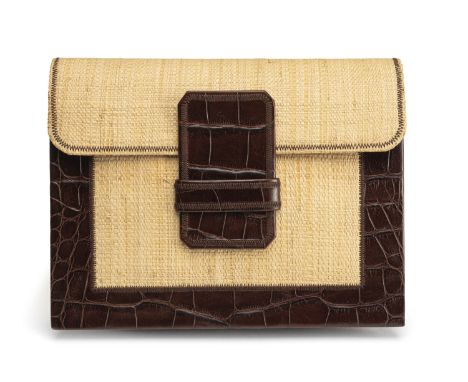 YSLca. 197018 x 24,5 x 7 cmBraune und beigefarbene Clutch-Tasche mit Raffia und Kroko-Prägung, vintage