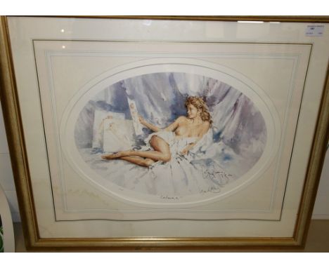 A hand signed colour print by Gordon King depicting a reclining lady; together with a Libby Lord signed print