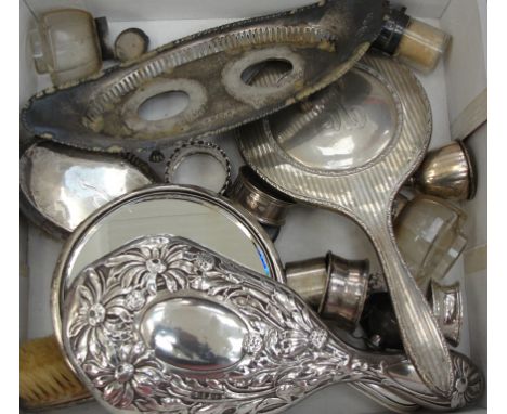 A quantity of HM silver to inc. a navette shaped inkstand Birmingham 1909, 3 hand mirrors, 5 napkin rings, egg cups, trinket 