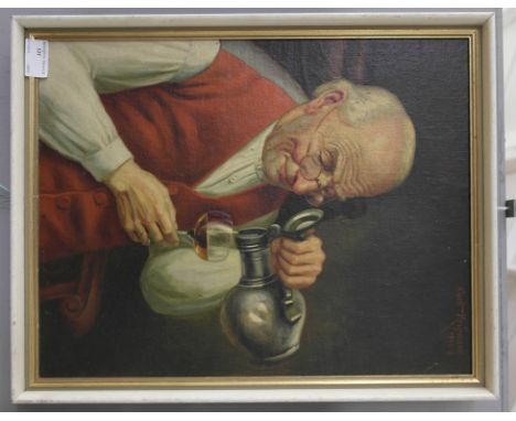 German School: Portrait of a gentleman pouring wine, oil on board, signed 