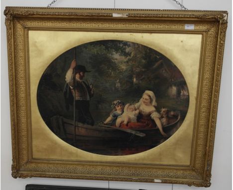 A gilt framed Victorian scene of figures in a boat in a river landscape,with initials BP and dated 1864
