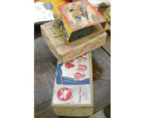 A boxed Pelham puppet together with a boxed Muffin the Mule & tinplate figure of a knight