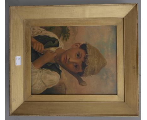Continental School (19th/20th century):
Portrait of a shepherd boy with a landscape beyond, oil on board, H 36 x W 28.5 cm 