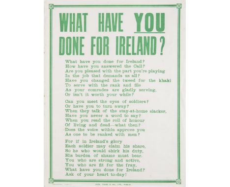 WAR RECRUITING POSTER FOR THRE FIRST WORLD WARWhat Have  Done for Ireland  Recruiting Poster for the First World War. What ha