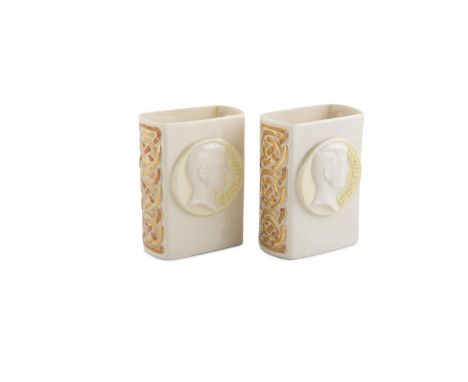 A PAIR OF RARE BELLEEK SECOND PERIOD 'COLLINS' VASES, (1891-1926) each of open rectangular form, the front with profile portr