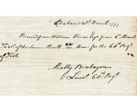 AMERICAN WARRecruiting in Ireland for the American War, 1777, manuscript receipt for men who joined Charlemont's volunteer fo
