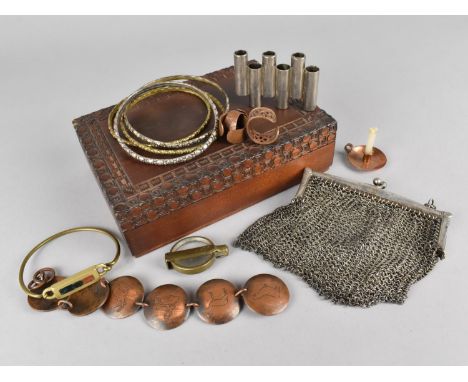 A Wooden Carved Box Containing a Collection of Various Vintage Items to include Mixed Metal Bangles, White Metal Chain Mail P