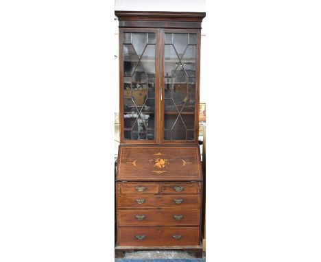 An Edwardian Inlaid Mahogany Bureau Bookcase, Fall Front Inlaid with Musical Motif to Fitted Interior with Drawer Pigeon Hole