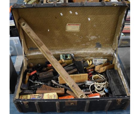 A Vintage Wooden Banded Trunk Containing Various Tools etc 