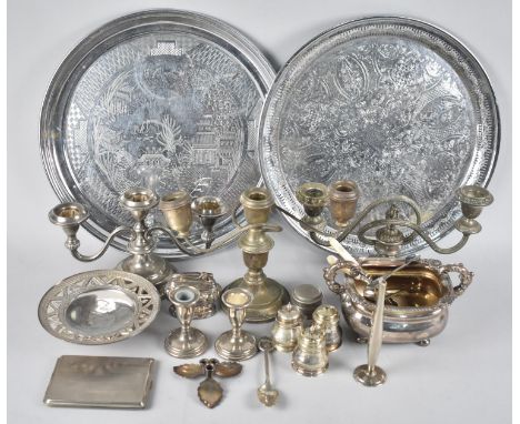 A Collection of Various Silver Plate to include Candelabra, Circular Tray, Ronson Lighter, Cruet Set, Candlestick Etc 