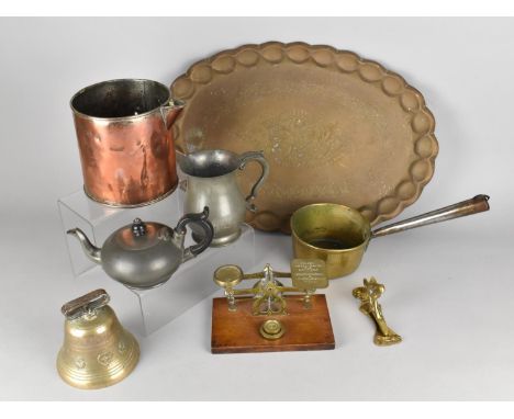 A Collection of Various Metal Wares to Comprise Brass Pan, Copper Pot (AF), Early 20th Century Postal Scales, Horse Motif Doo