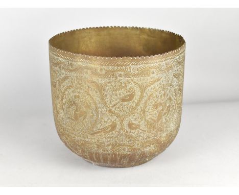 A Large Indian Brass Planter with Ornately Engraved Body Depicting Birds and Deity, Castellated Rim, 24cms Diameter and 22cms