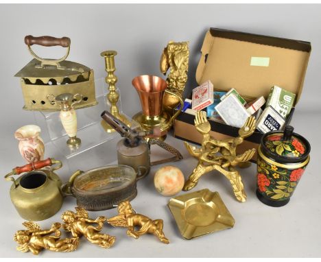 A Collection of Various Sundries to Comprise Metalwares, Flat Iron, Playing Cards, Burner, Gilt Sprayed Wooden Carving of Fis