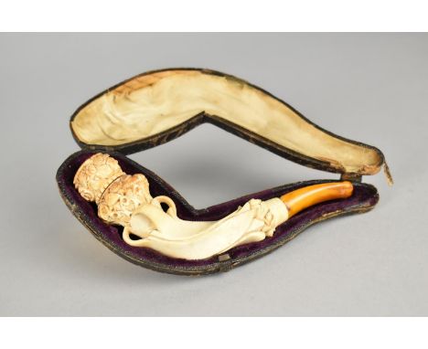 A Late 19th/Early 20th Century Carved Meerschaum Pipe with Amber Mouthpiece in Original Case, 15cms Long 