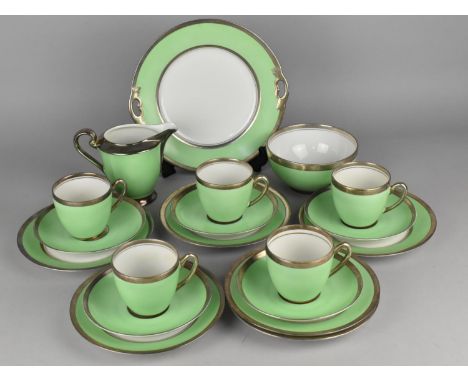 A German Carl Tielsch Altwasser Sterling Silver on Porcelain Green Ground Tea Set to Comprise Cake Plate, Milk Jug, Sugar Bow