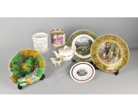 A Collection of 19th Century English Ceramics to Comprise Wedgwood Majolica Shell Shaped Dish, Tankards, Prattware Plates to 