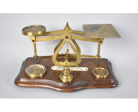A Set of Edwardian Brass Letter Scales and Weights Set on Wooden Plinth, 19cms Wide 