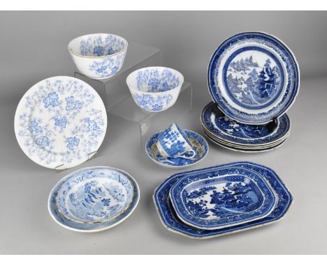 A Collection of Various Late 19th and Early 20th Century English Blue and White to Comprise Willow Pattern Lobed Cup and Sauc