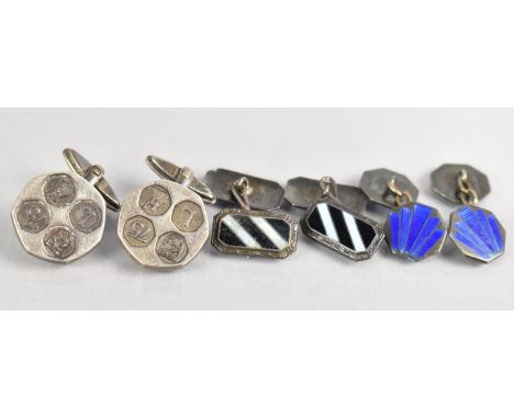 A Collection of Three Pairs of Silver Cufflinks to include Art Deco Engine Turned Blue Enamel Examples, Similar Rectangular P
