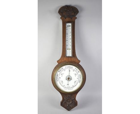 A Late Victorian/Edwardian Wall Hanging Wheel Aneroid Barometer with Thermometer, Carved Onion Top 