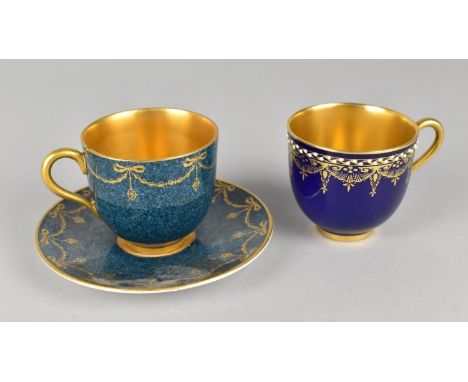 A Miniature Royal Worcester Cabinet Cup and Saucer Decorated with Gilt Swag Decoration on Powder Blue Ground Together with a 