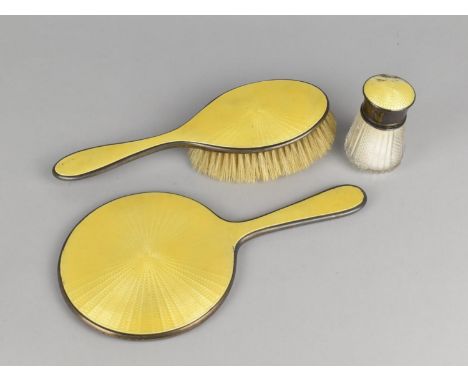 An Art Deco Three Piece Silver and Yellow Enamel Dressing Table Items to Comprise Brush, Mirror and Pot, Engine Turned Decora