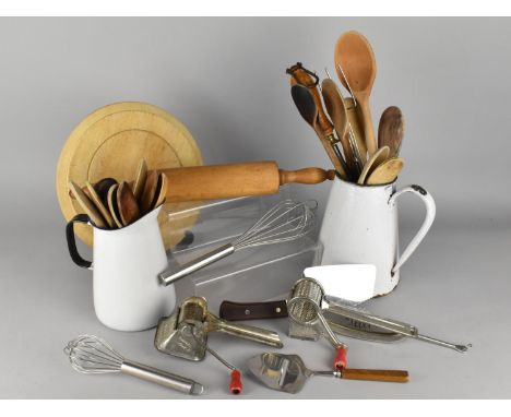 A Collection of Various Vintage and Later Kitchenwares to Comprise Enamelled Jugs, Wooden Spoons, Rolling Pin etc 