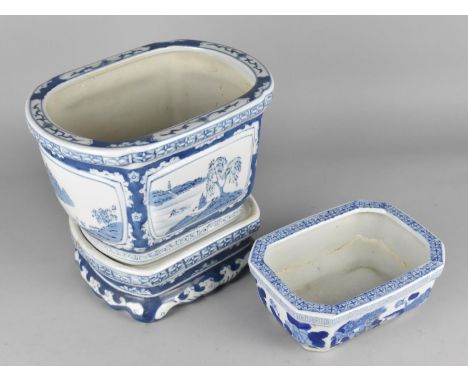 A Chinese Blue and White Planter on Stand Together with a Further Stand 