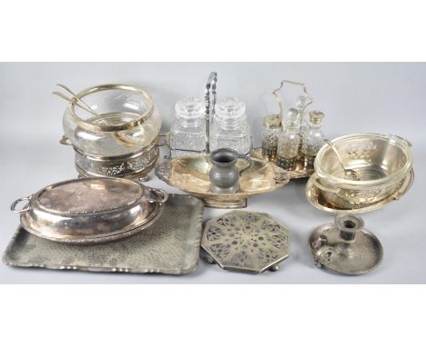 A Collection of Various Silver Plate to include Oval Entree Dish, Cruet, Bedchamber Stick Etc 