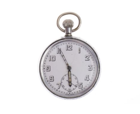 MILITARY ISSUE CHROMIUM PLATED POCKET WATCH
the white enamel dial with Arabic numerals, subsidiary seconds dial, with  G.S. M