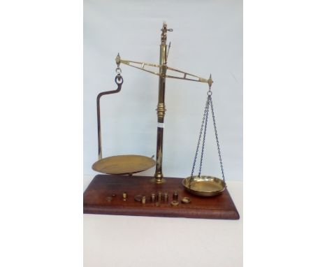 Set of Brass Balance Scales Avery on an Oak Base