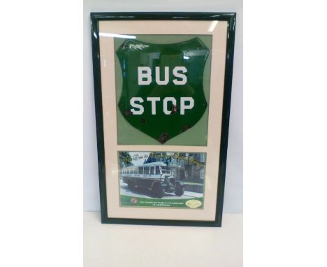 Framed and Mounted Shield Shaped Enamel Bust Stop Sign, 70cm x 42cm 