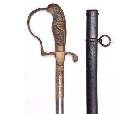 An Imperial German or early post WWI Army officer’s sword, plain plated blade 29½”, the plain brass stirrup hilt of ordnance 