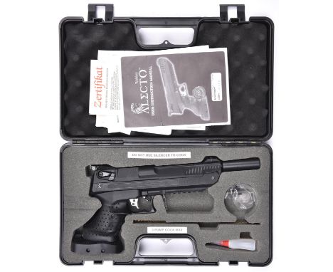A .177” Webley “Alecto” pump up air pistol, number TRATO112W 03046, of textured black plastic construction, with shaped targe