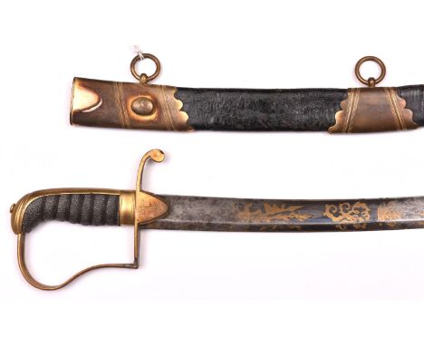 A Georgian naval officer’s sword of 1796 Light Cavalry type, blade 28” etched, blued and gilt with Royal Arms, crowned “GR” c