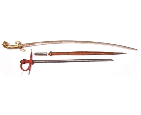 An ornamental Indian style sword, curved plated blade 29” etched with panels of scrolls and Wilkinson Sword logo, all brass h