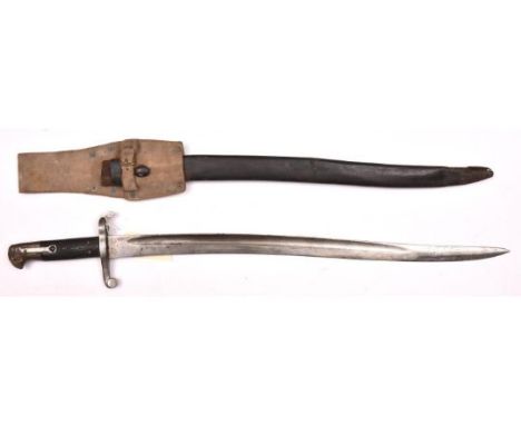 An 1856 pattern Enfield “Yataghan” sword bayonet, blade 22½”, pommel marked “WS” (in script), chequered leather grips, in its