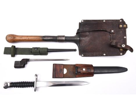 A Swiss M1957 S.I.G. assault rifle bayonet, export version, in its scabbard with leather frog, VGC; a Swiss army entrenching 