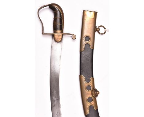 A Georgian naval officer’s service sabre, flat, curved sharpened blade 26”, small brass stirrup hilt, the langets engraved wi