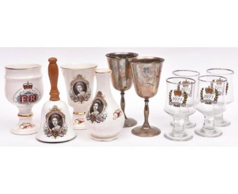 A small collection of 1977 Silver Jubilee souvenirs, comprising Royal Worcester china vase and two goblets, Royal Grafton Bon